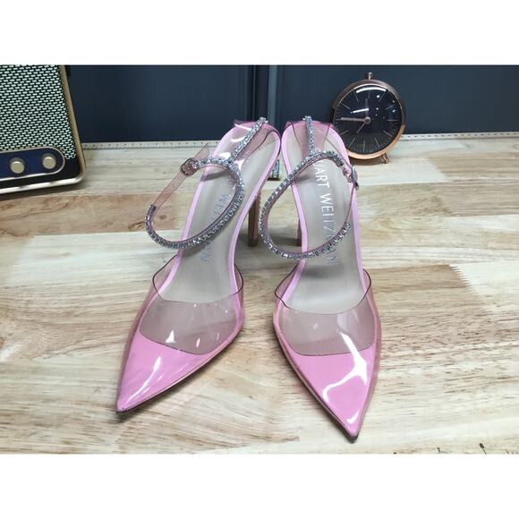 Stuart Weitzman Glam Pump Heels Women's Pink Rhinestones Ankle Strap Buckle - Picture 1 of 4